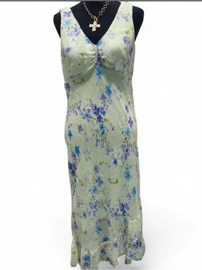 VTG Pastel Green Floral Maxi Midi Dress Flowy Fairycore CottagecoreWomenSize 12